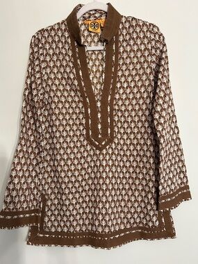 Tory Burch Brown and White Printed Tunic with Contrast Trim